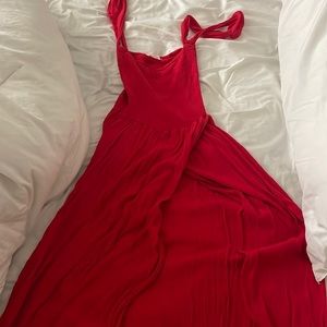 Red off shoulder long dress with slit